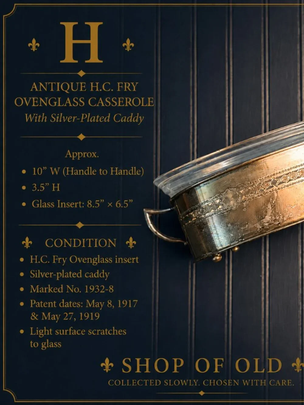Antique H.C. Fry Ovenglass Casserole with Silver-Plated Caddy | Opalescent Glass
